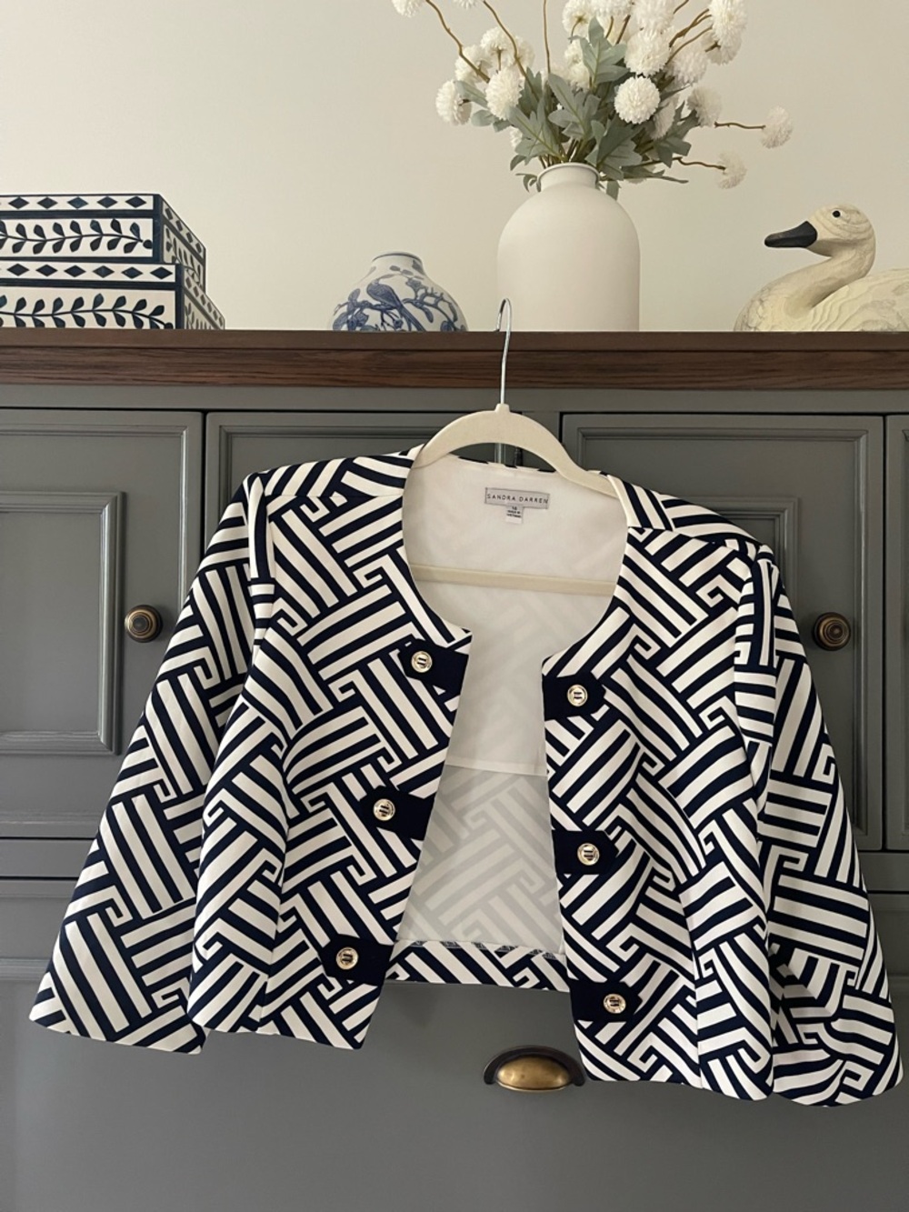 Talbots Navy and White Geometric Crop Jacket Sandra Darren size 12